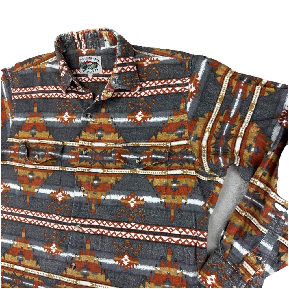 90s Cumberland Outfitters Aztec Western Flannel Shirt‎ Mens L Gray Brown VTG